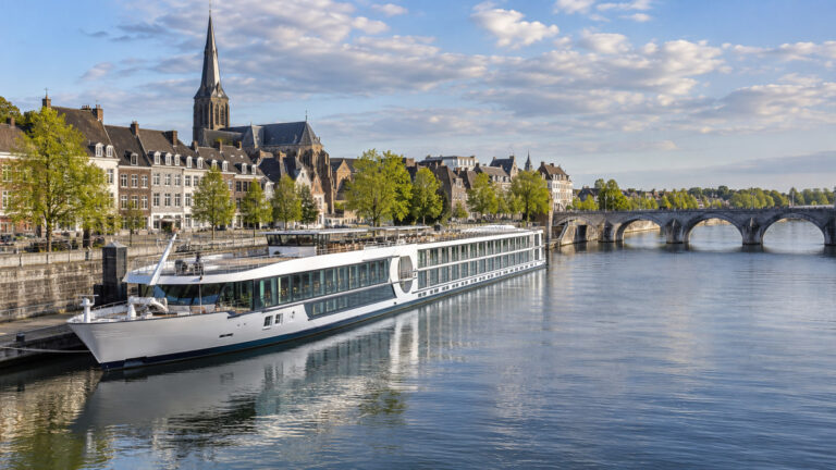 River cruise vessel moored beside Maastricht on the Meuse River