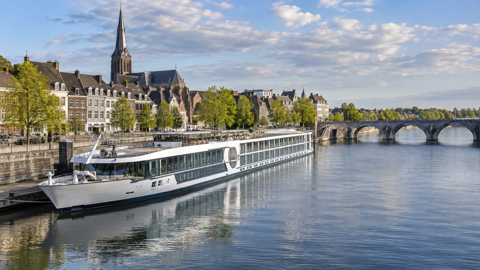 River cruise vessel moored beside Maastricht on the Meuse River