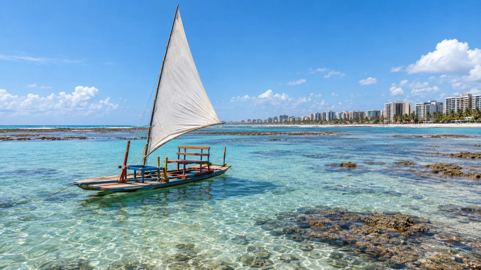 Jangada raft at Pajuçara’s natural reef pools in Maceió