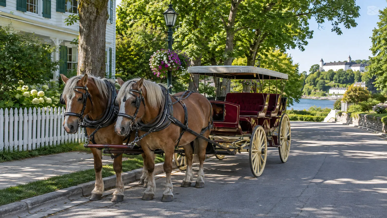 Empty horse-drawn carriage with horses standing on Mackinac Island tree-lined road, no driver or passengers