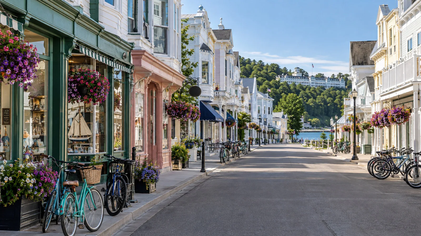Mackinac Island Michigan Victorian Main Street with colorful storefronts and parked bicycles, no people or cars