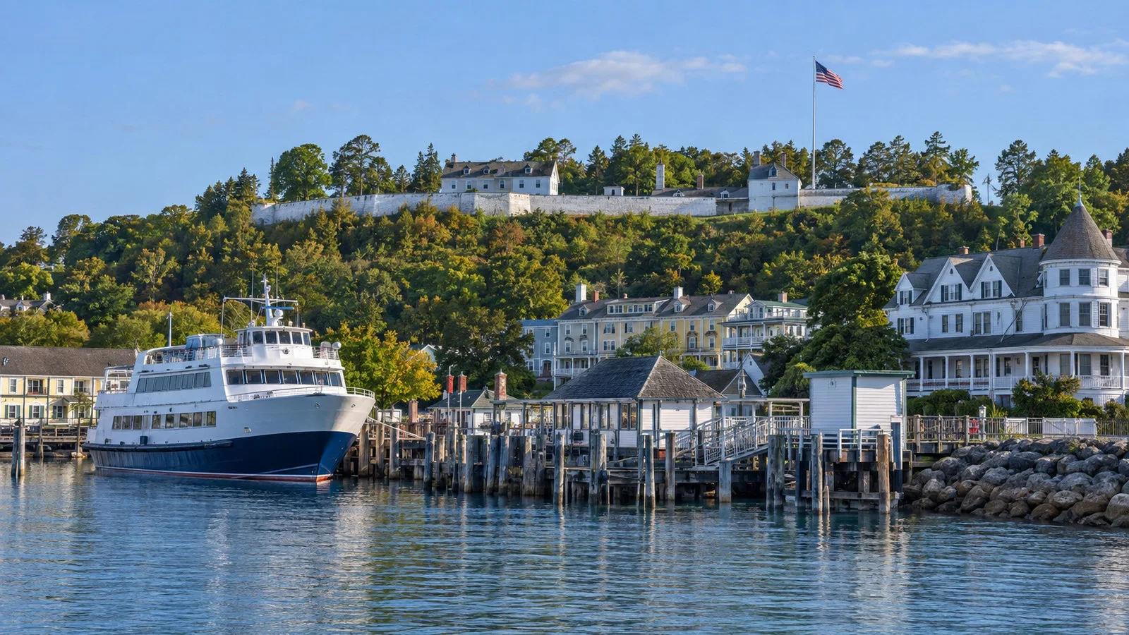 Small Great Lakes cruise vessel at Mackinac Island Michigan harbor with Victorian waterfront and fort hill, no people