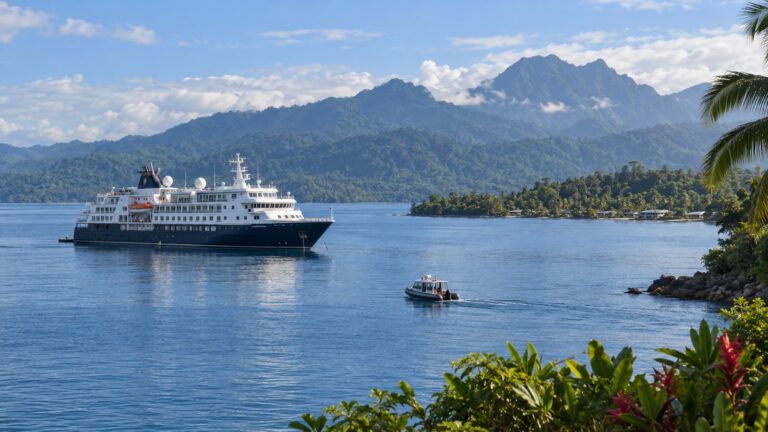 Expedition cruise ship and tender off Madang, Papua New Guinea