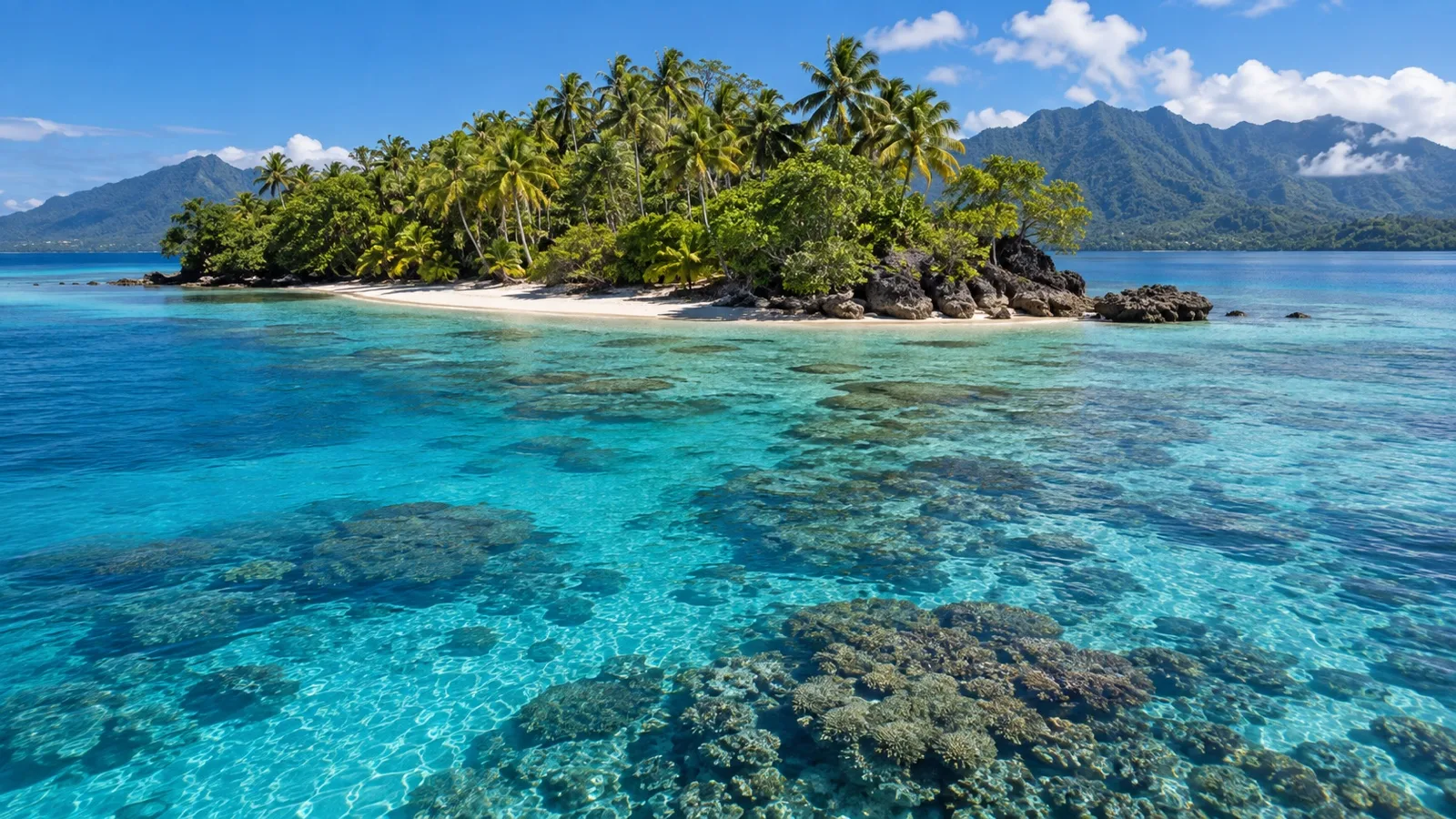 Clear lagoon and tropical reef island near Madang