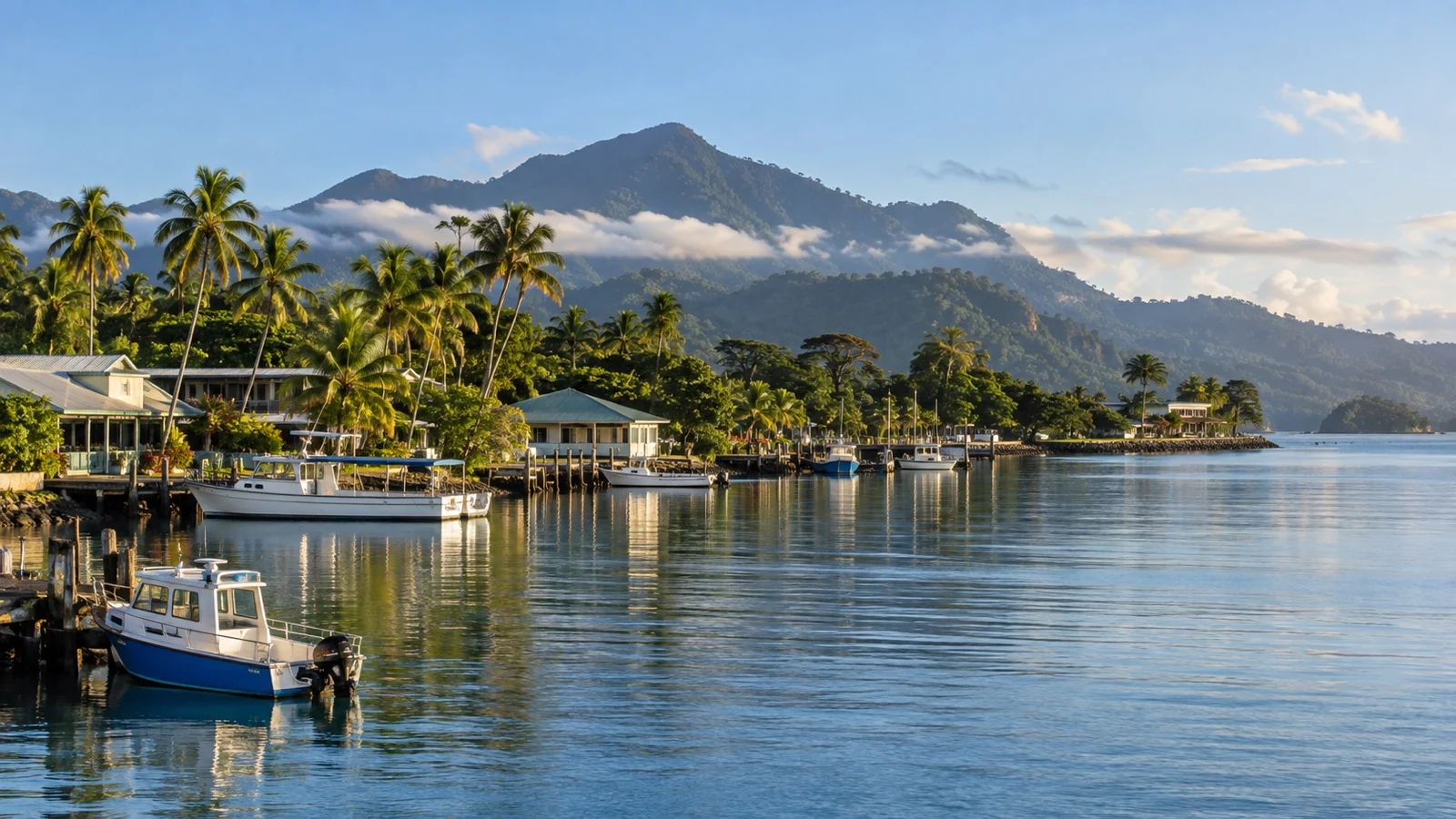 Madang waterfront with boats and palm trees
