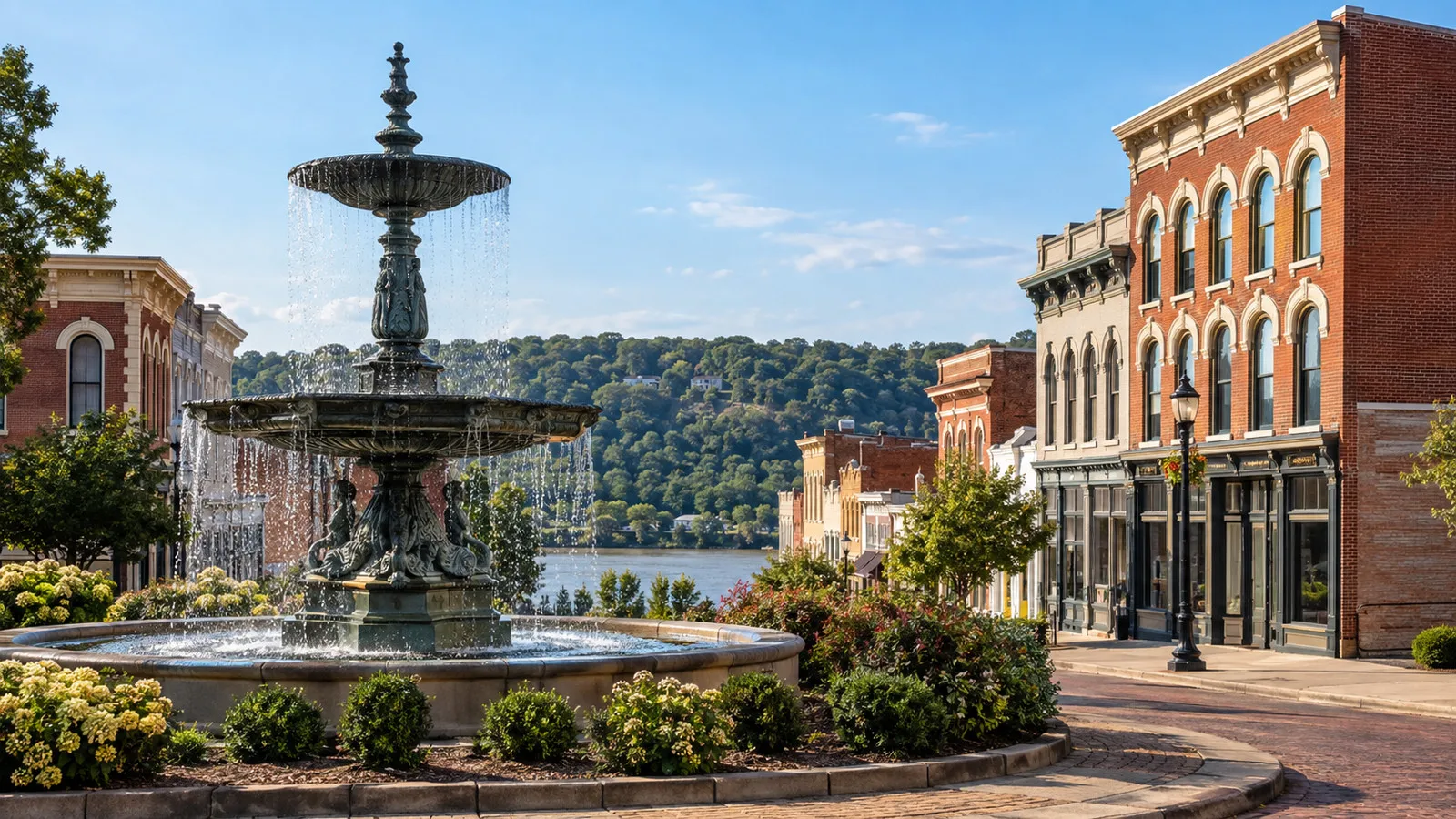 Broadway Fountain and historic downtown Madison