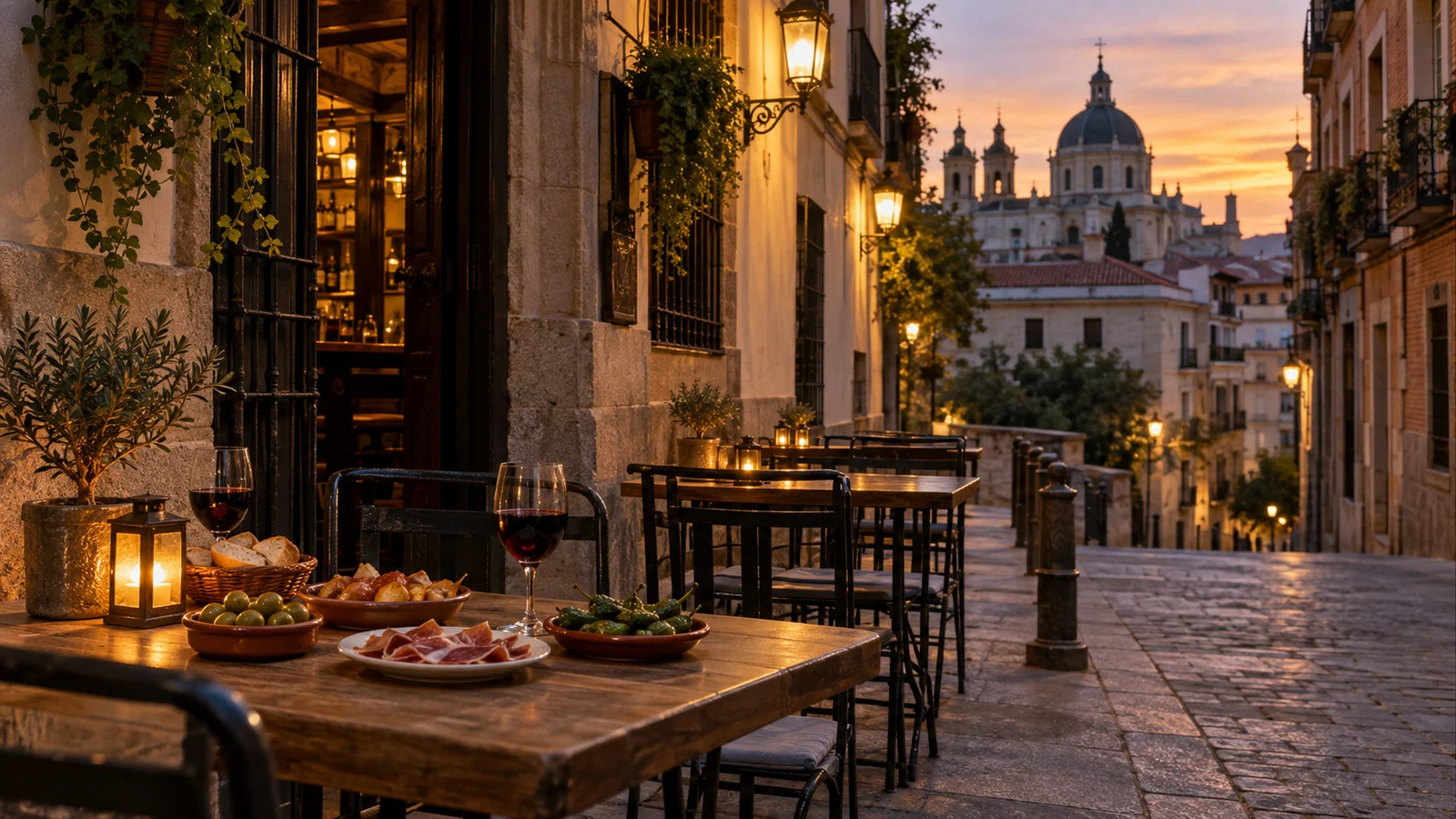 Madrid tapas bar and evening street