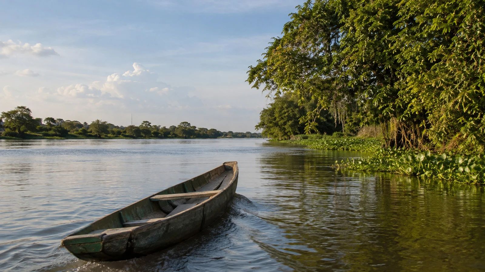 Empty wooden canoe on a calm Magdalena River channel near Magangué