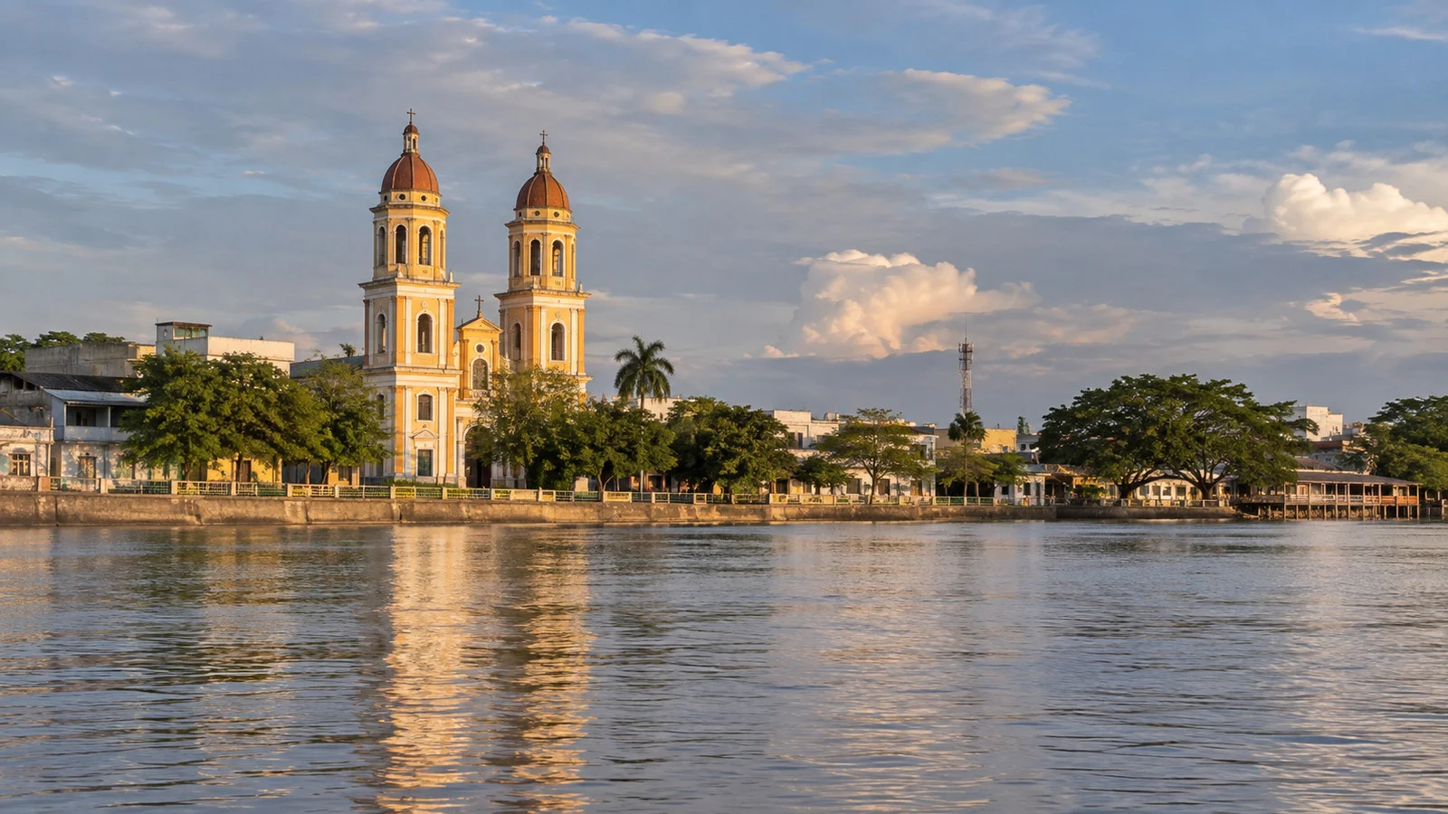 Twin-towered cathedral near the Magangué riverfront in Colombia