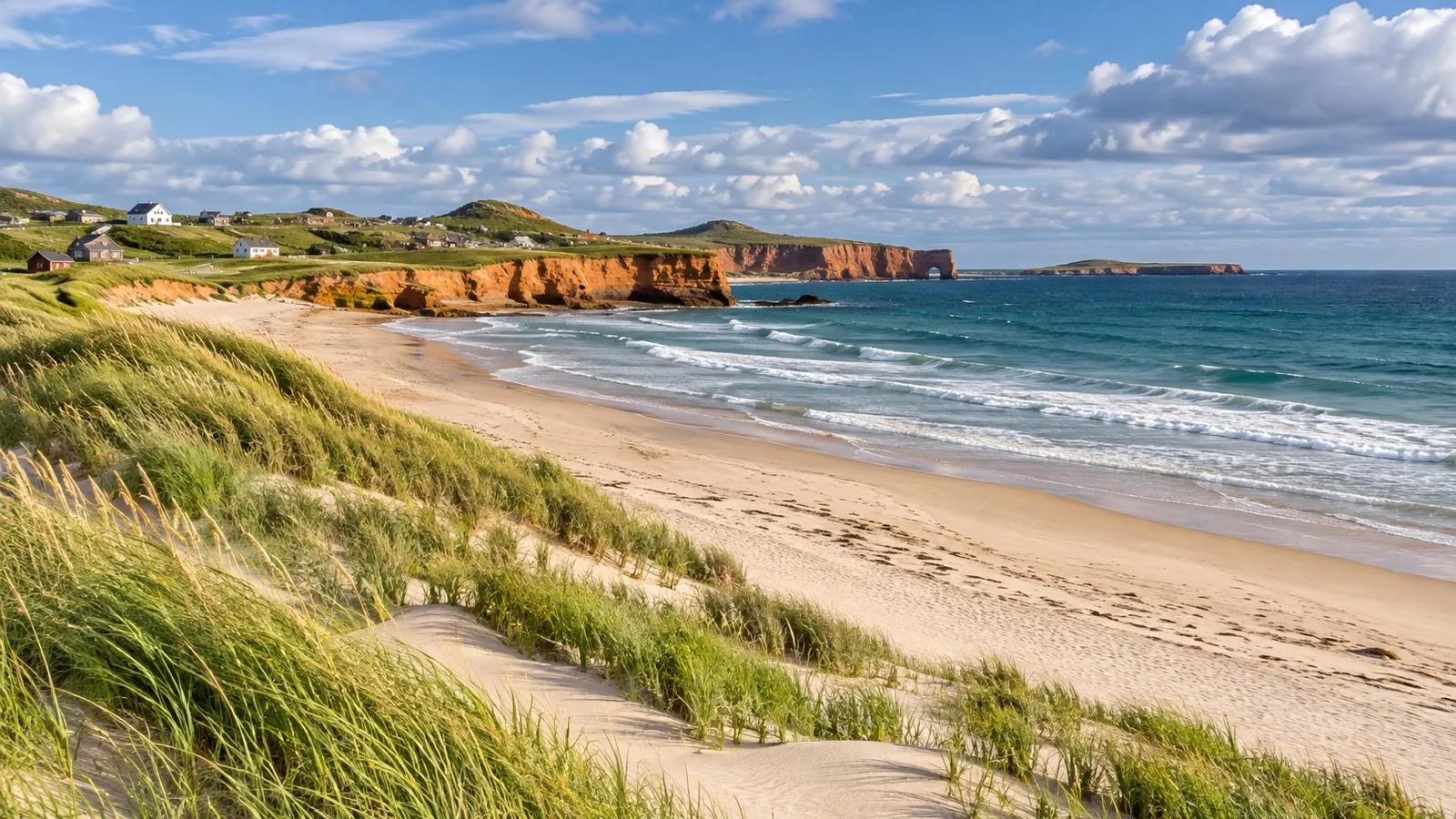 Wide beach and grass-covered dunes on the Magdalen Islands