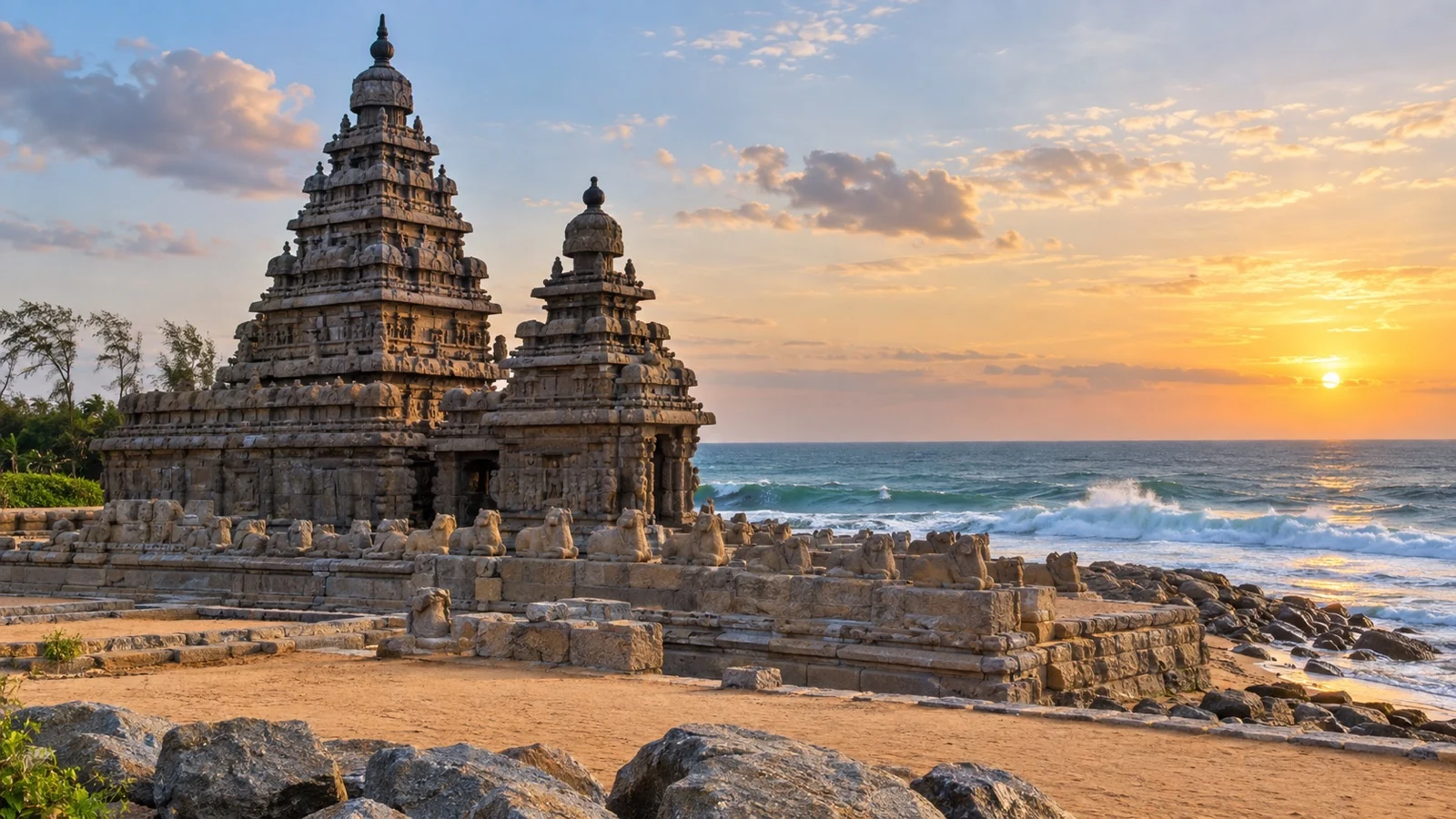 Ancient Shore Temple beside the Bay of Bengal at Mahabalipuram