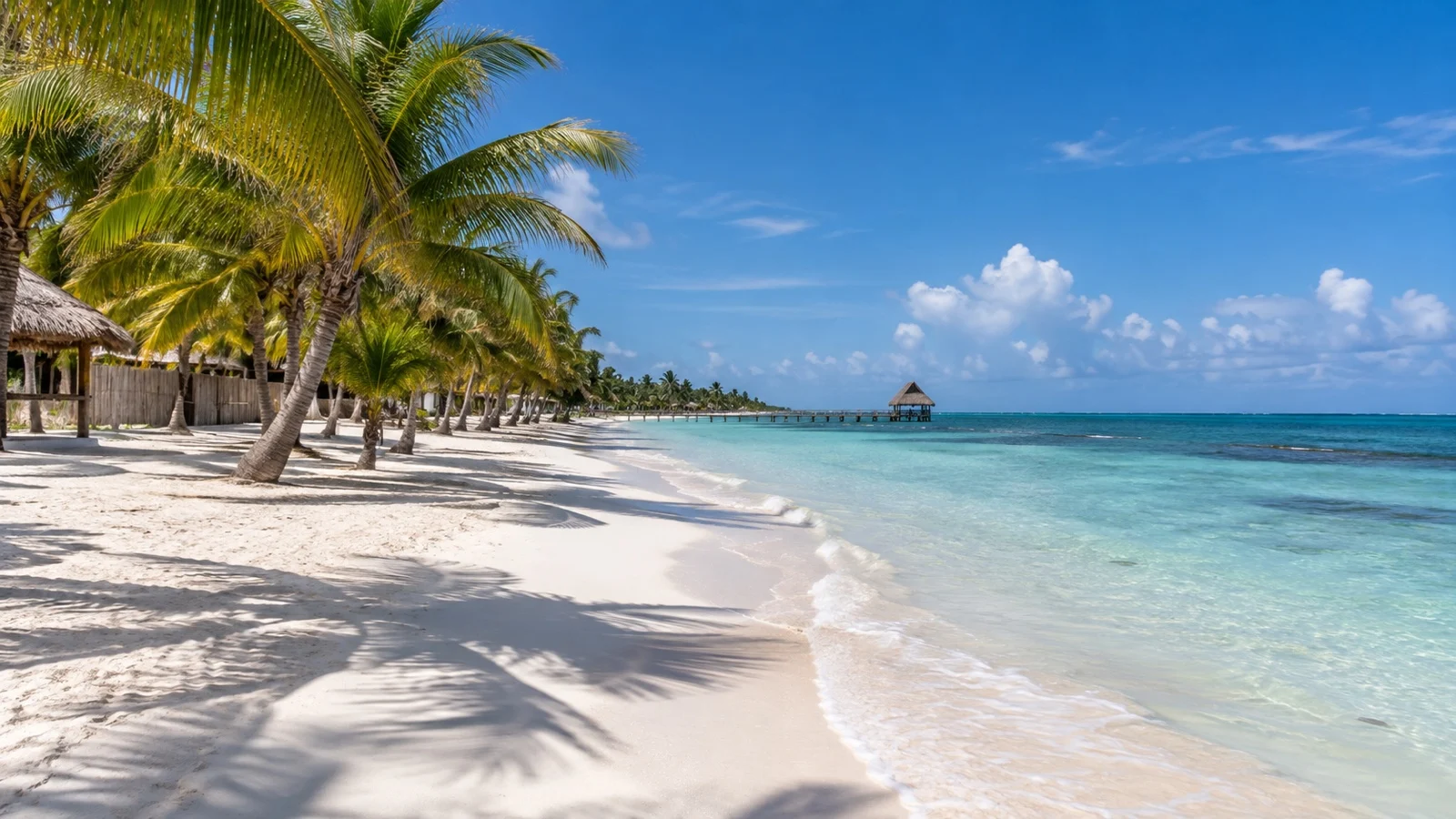 Empty white-sand beach and palm trees at Mahahual near Costa Maya, Mexico