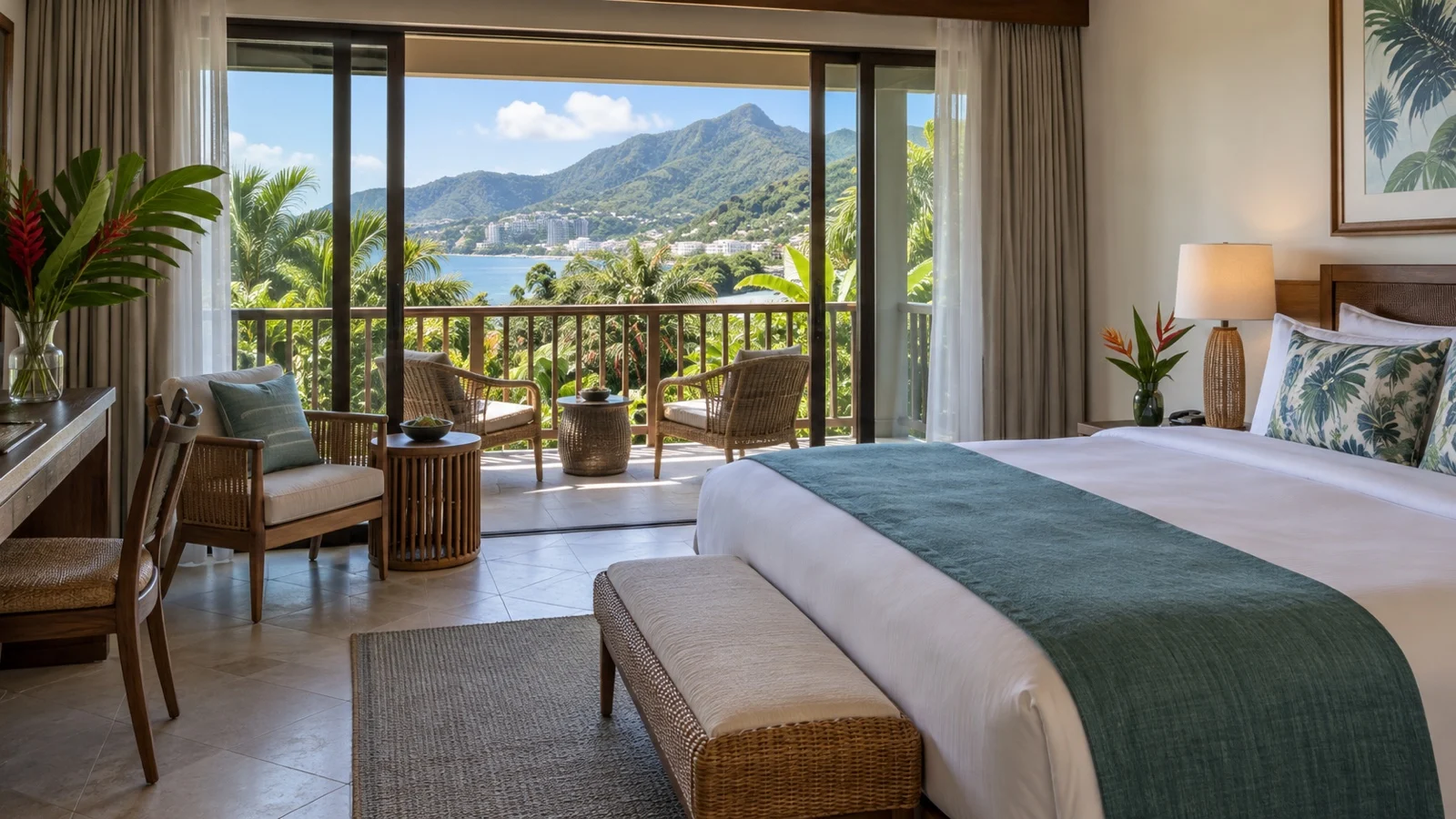 Empty airy Seychelles hotel room with tropical garden and Mahé mountains visible from its balcony