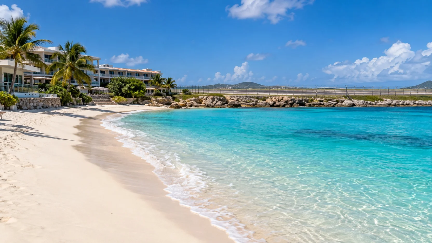 Empty Maho Bay beach beside low resort buildings and the nearby airport runway