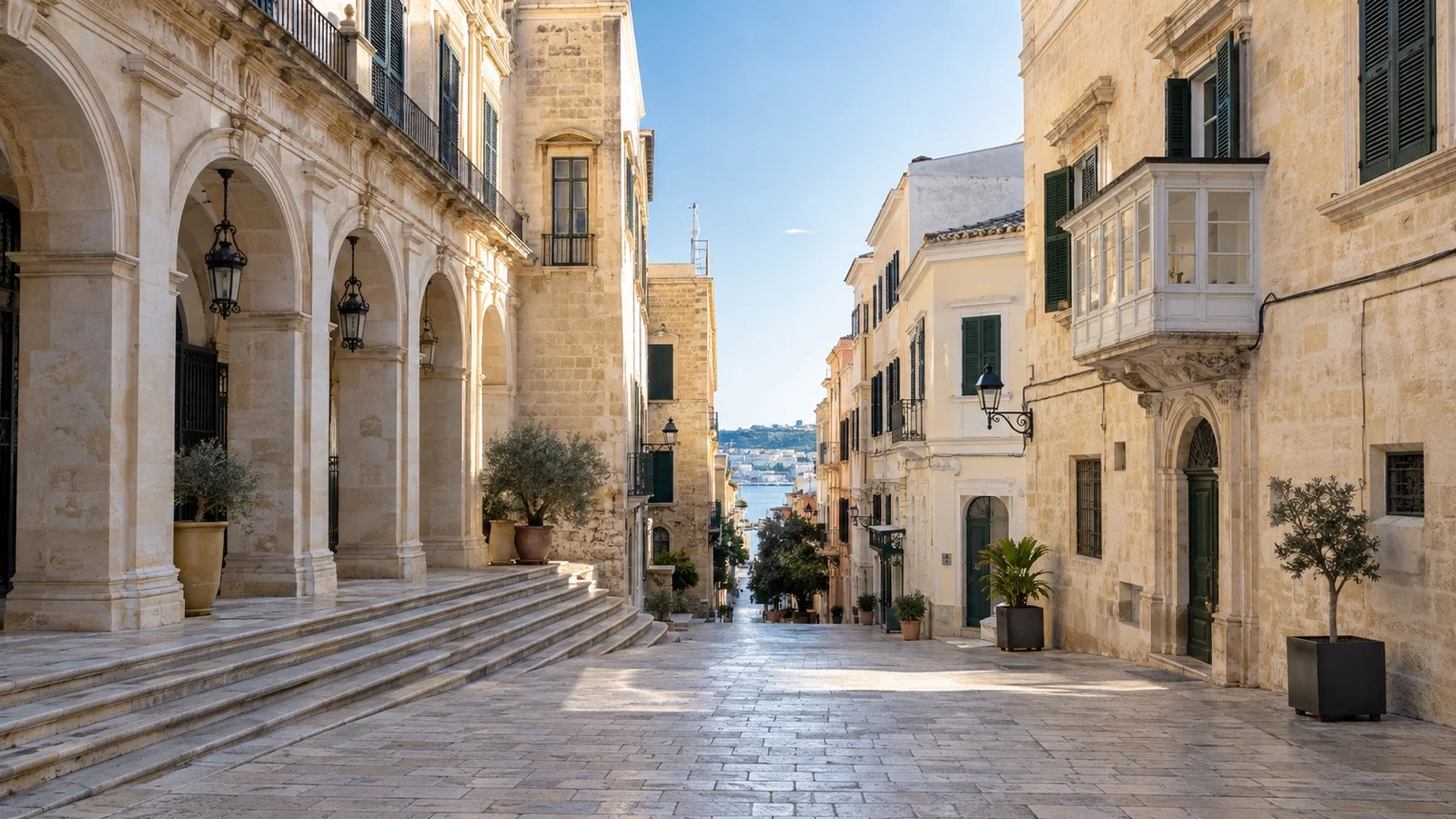 Pale stone buildings along a quiet street in Mahón old town