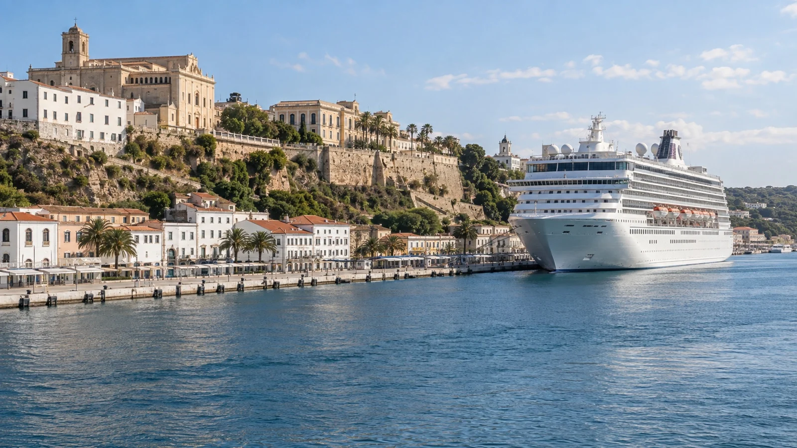 Cruise ship at Mahón's city-side passenger quay below the upper town