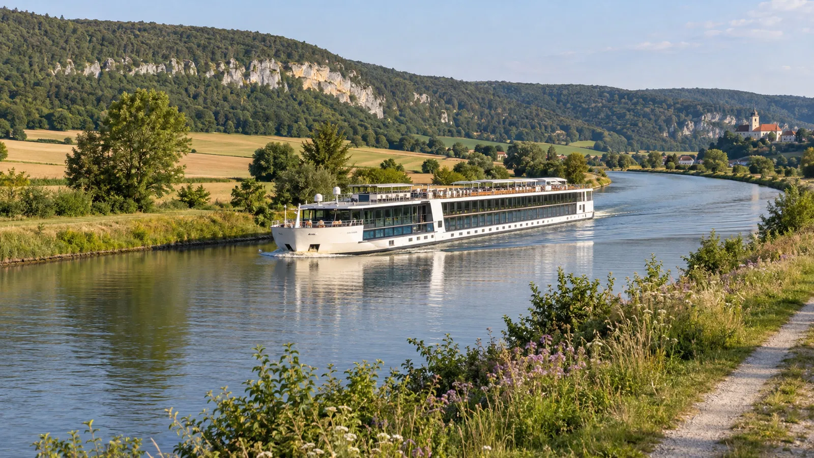 quiet rural canal banks between Bamberg and Kelheim with a low river cruise ship passing fields