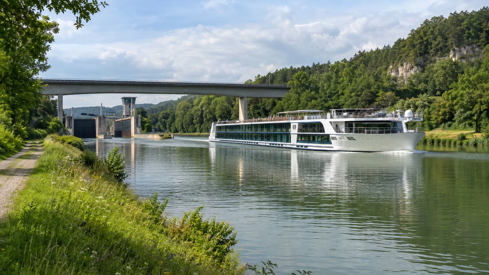 the Main-Danube Canal near Nuremberg with green banks, bridge and a river cruise ship