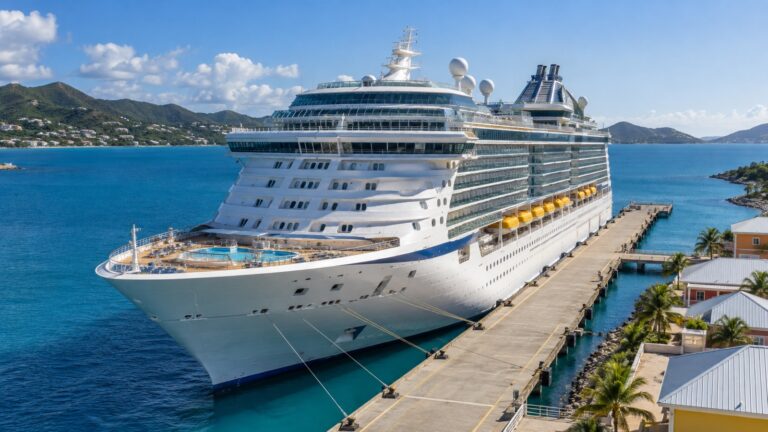 Large mainstream cruise ship at sunny Caribbean pier with visible pool decks