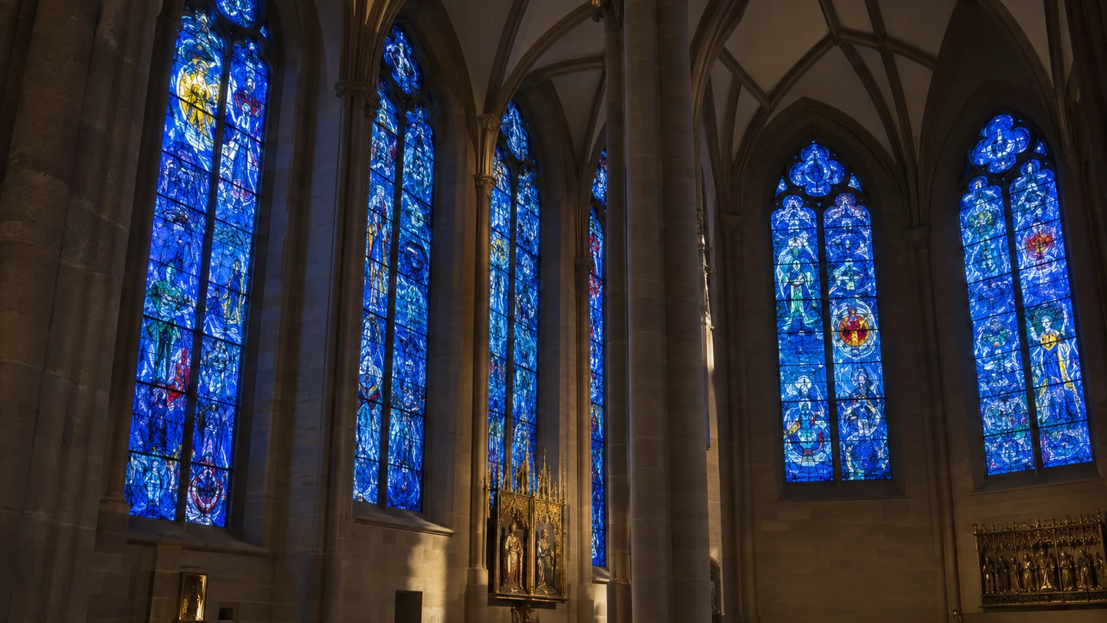 Blue Chagall stained-glass windows inside St. Stephen's Church in Mainz, Germany