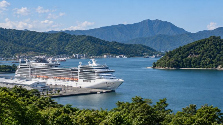 A cruise ship in Maizuru Bay beneath the green hills of northern Kyoto Prefecture