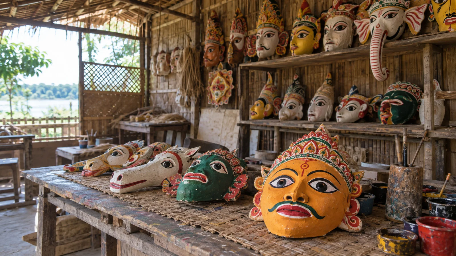 Colorful handmade masks in a Majuli workshop