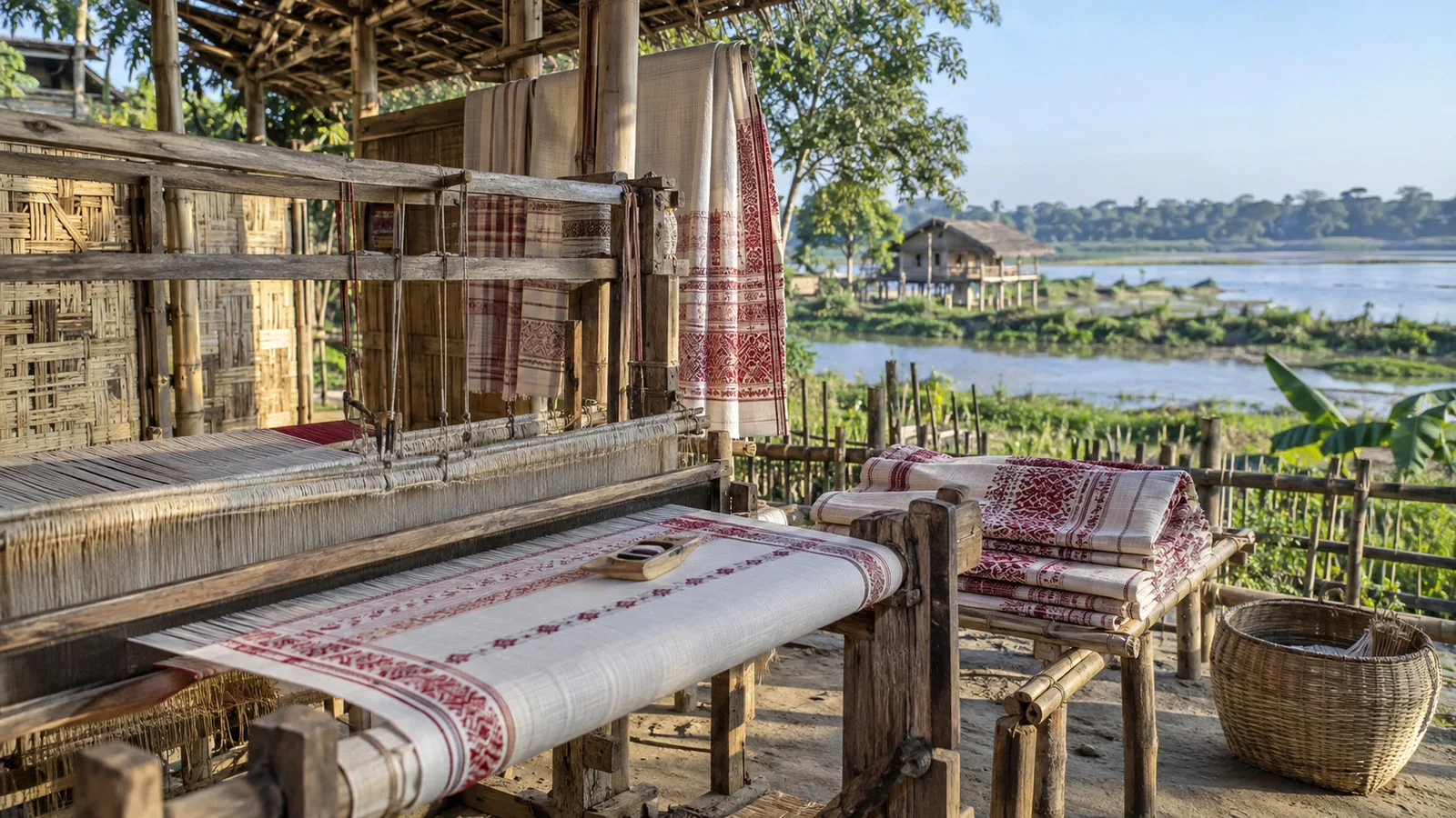 Village weaving looms and textiles on Majuli