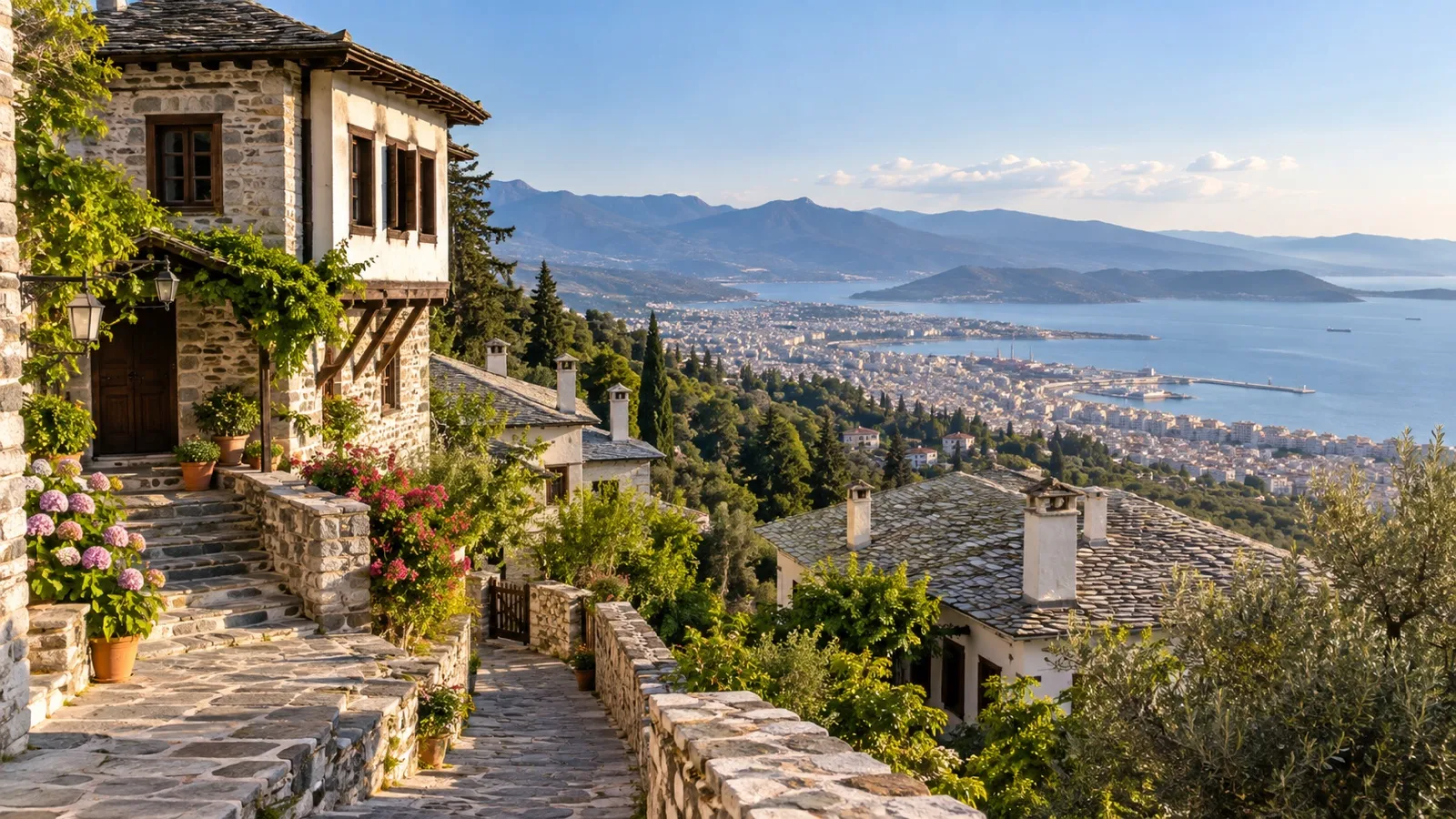 Stone houses of Makrinitsa overlooking Volos and the bay
