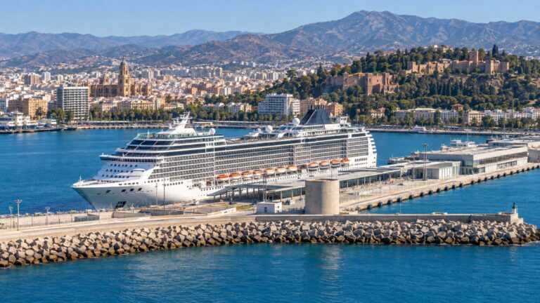 Cruise ship docked at Málaga’s Levante terminal behind the harbor breakwater