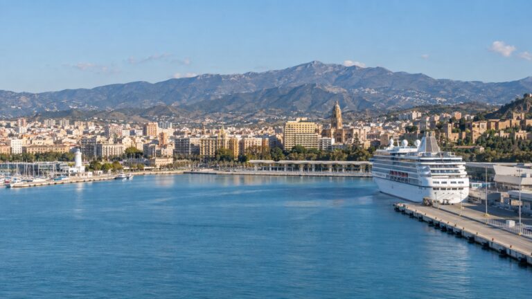 Cruise ship at Málaga port beside the city