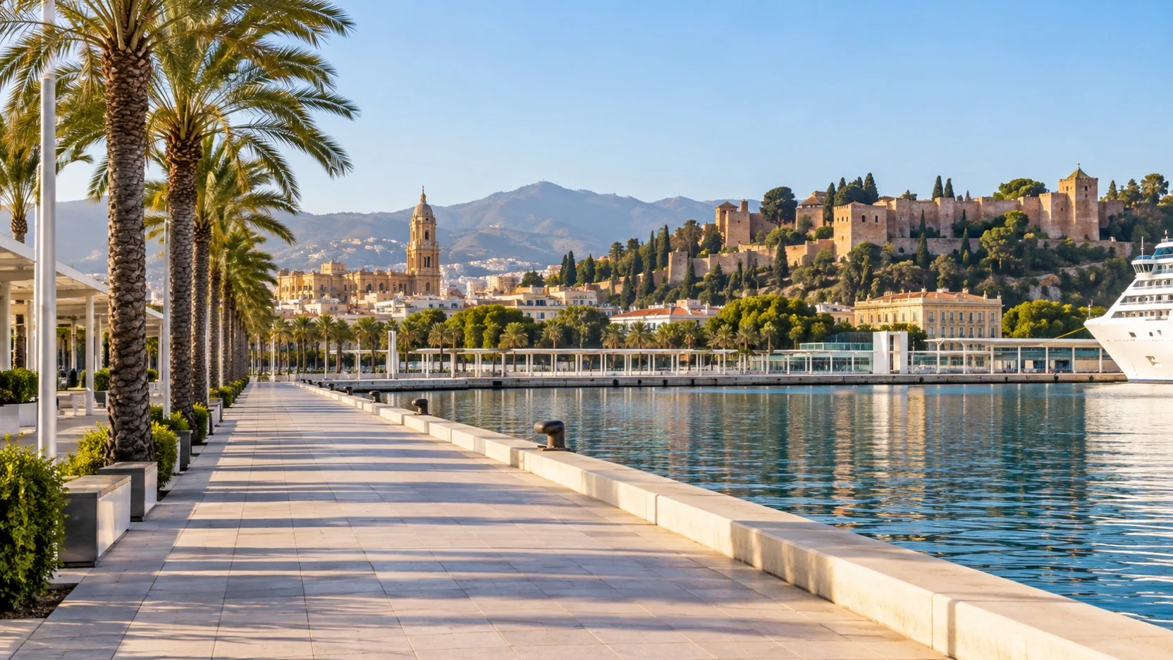Palm-lined Málaga cruise waterfront with the historic city beyond