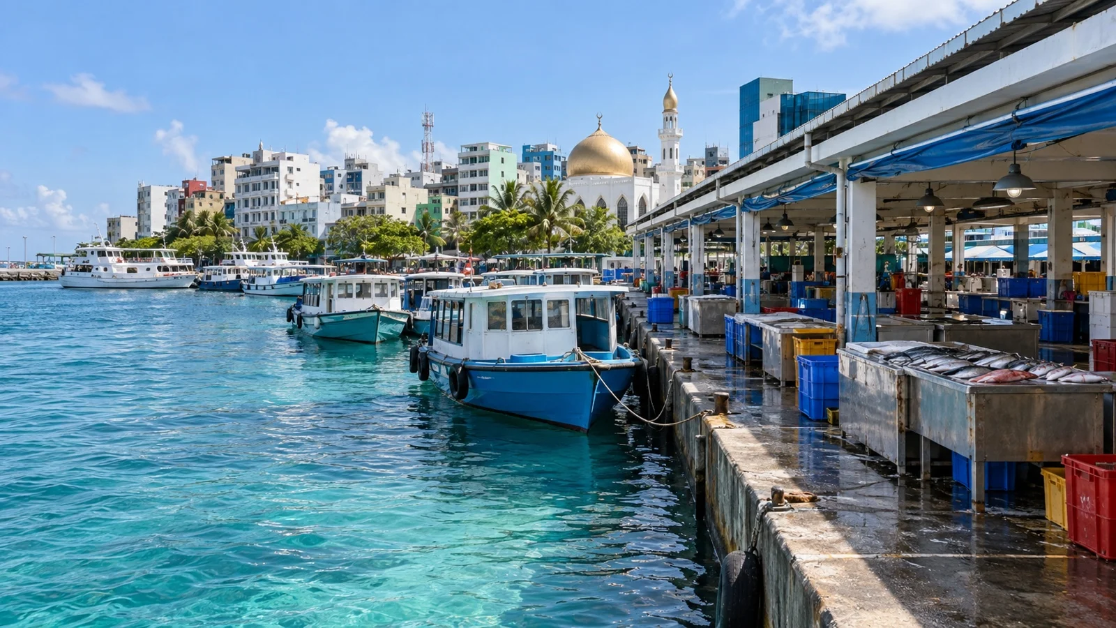 Fishing boats and market building along Malé waterfront