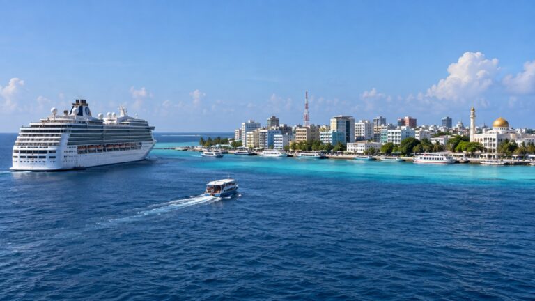 Tender boat approaching dense Malé island from an anchored cruise ship