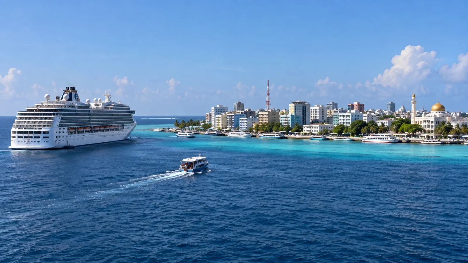 Tender boat approaching dense Malé island from an anchored cruise ship