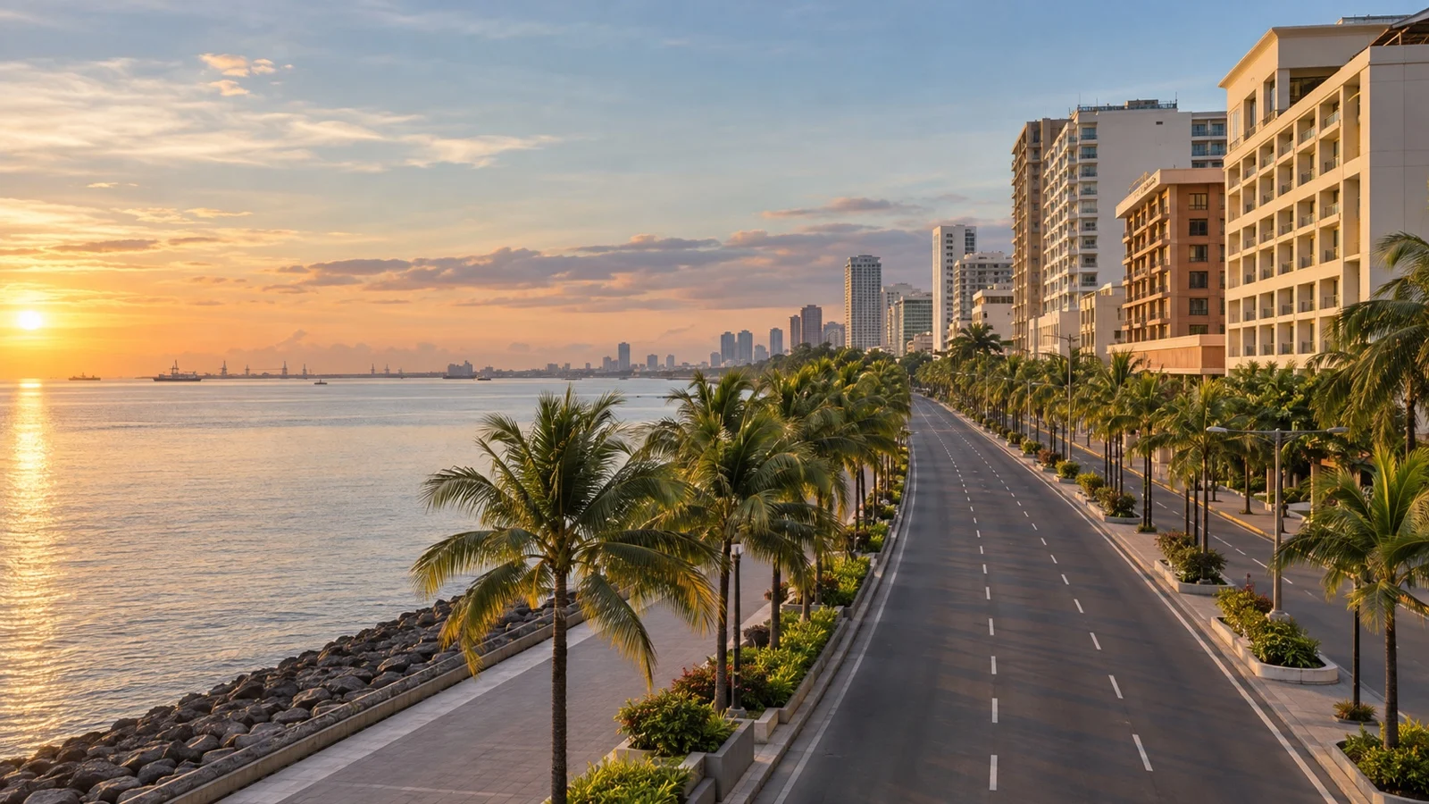 Roxas Boulevard near Manila Bay with practical midrise hotels and palm-lined roadway