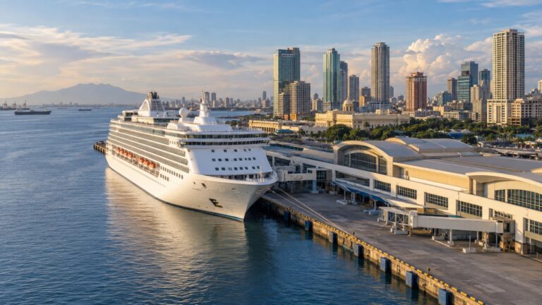 Manila South Harbor cruise terminal with a white cruise ship docked beside the city and Manila Bay