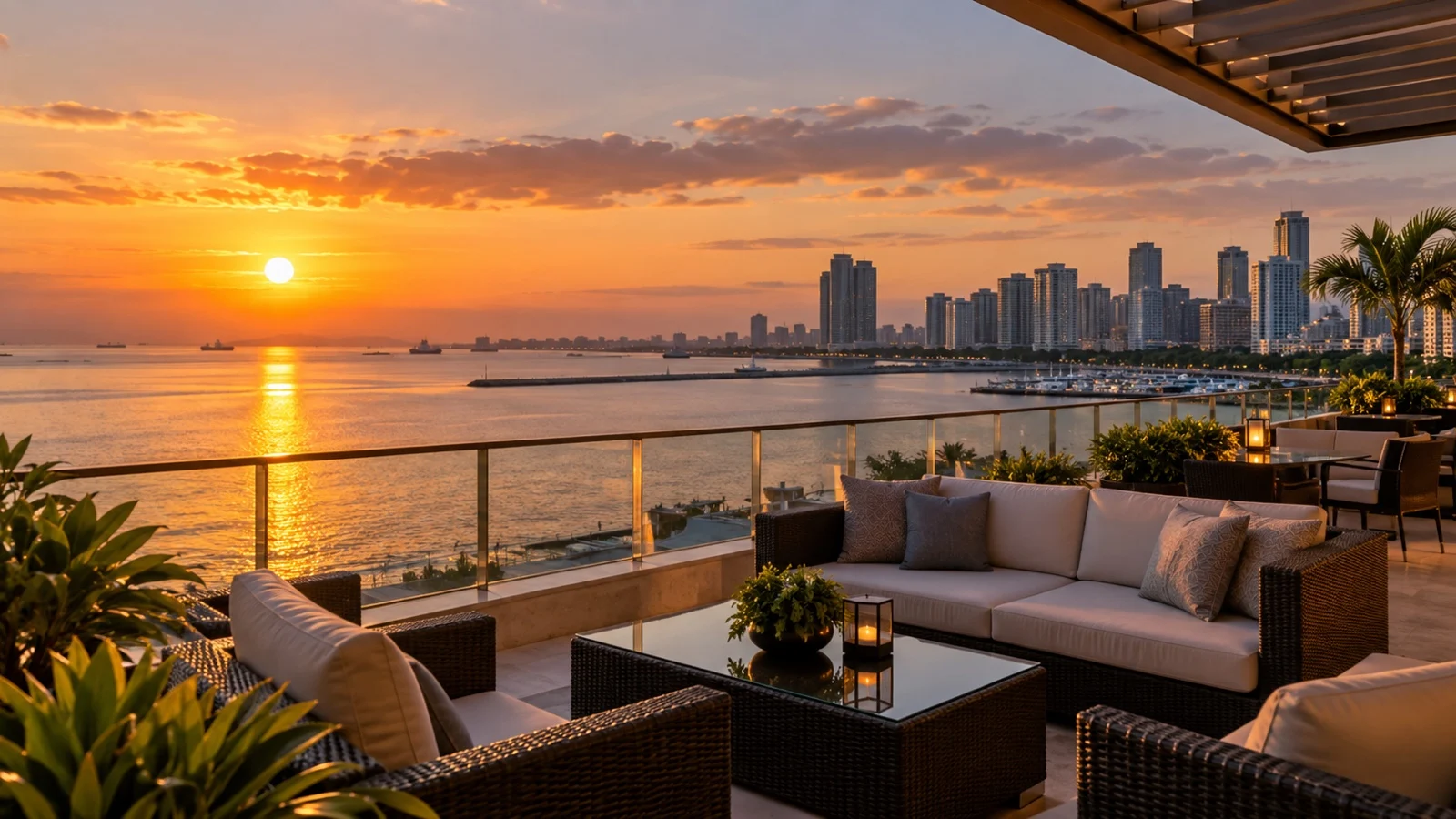 Elegant Manila Bay waterfront hotel terrace with sunset over the water and city skyline