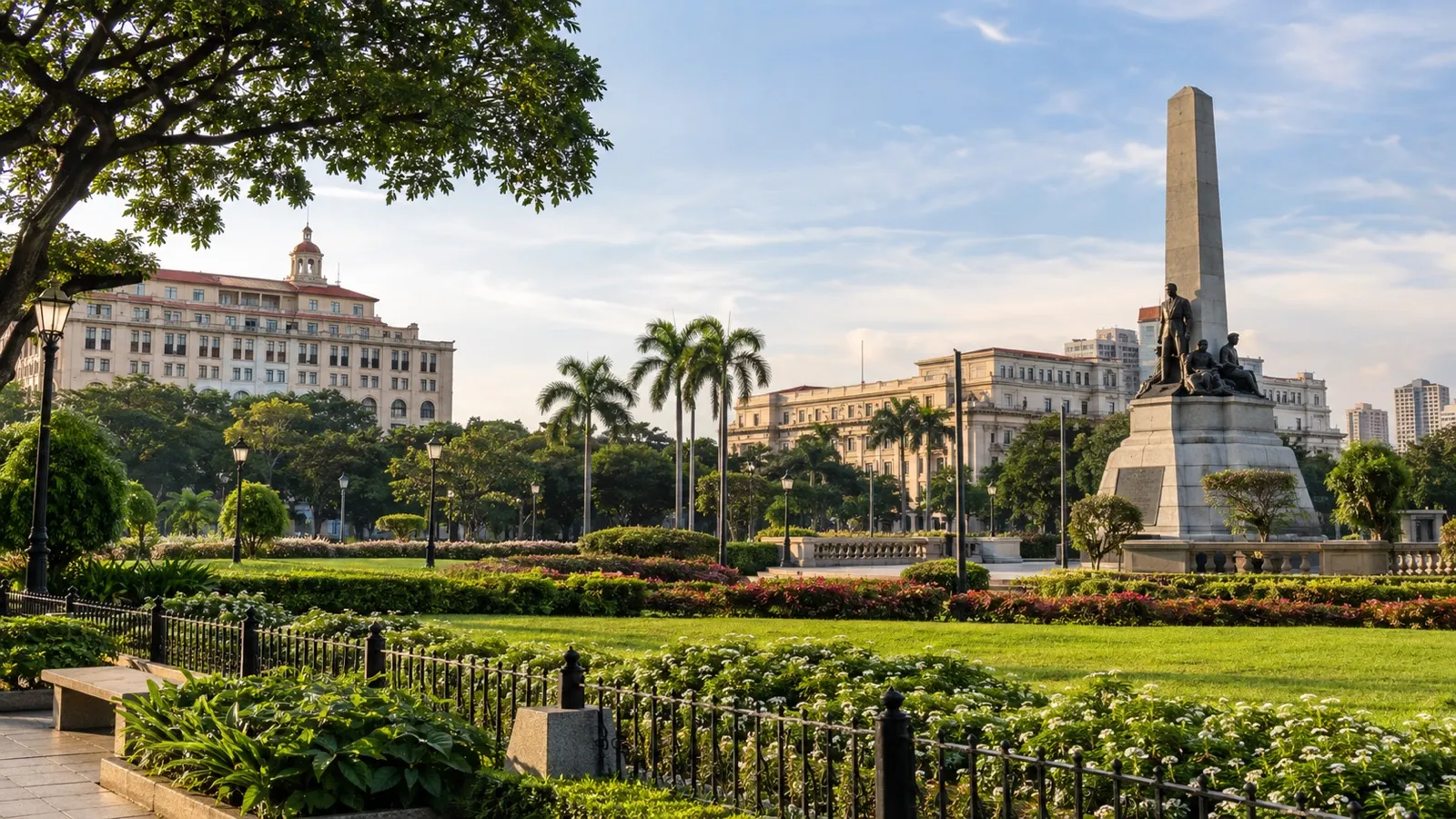 Rizal Park area of Manila with heritage hotel buildings and green grounds