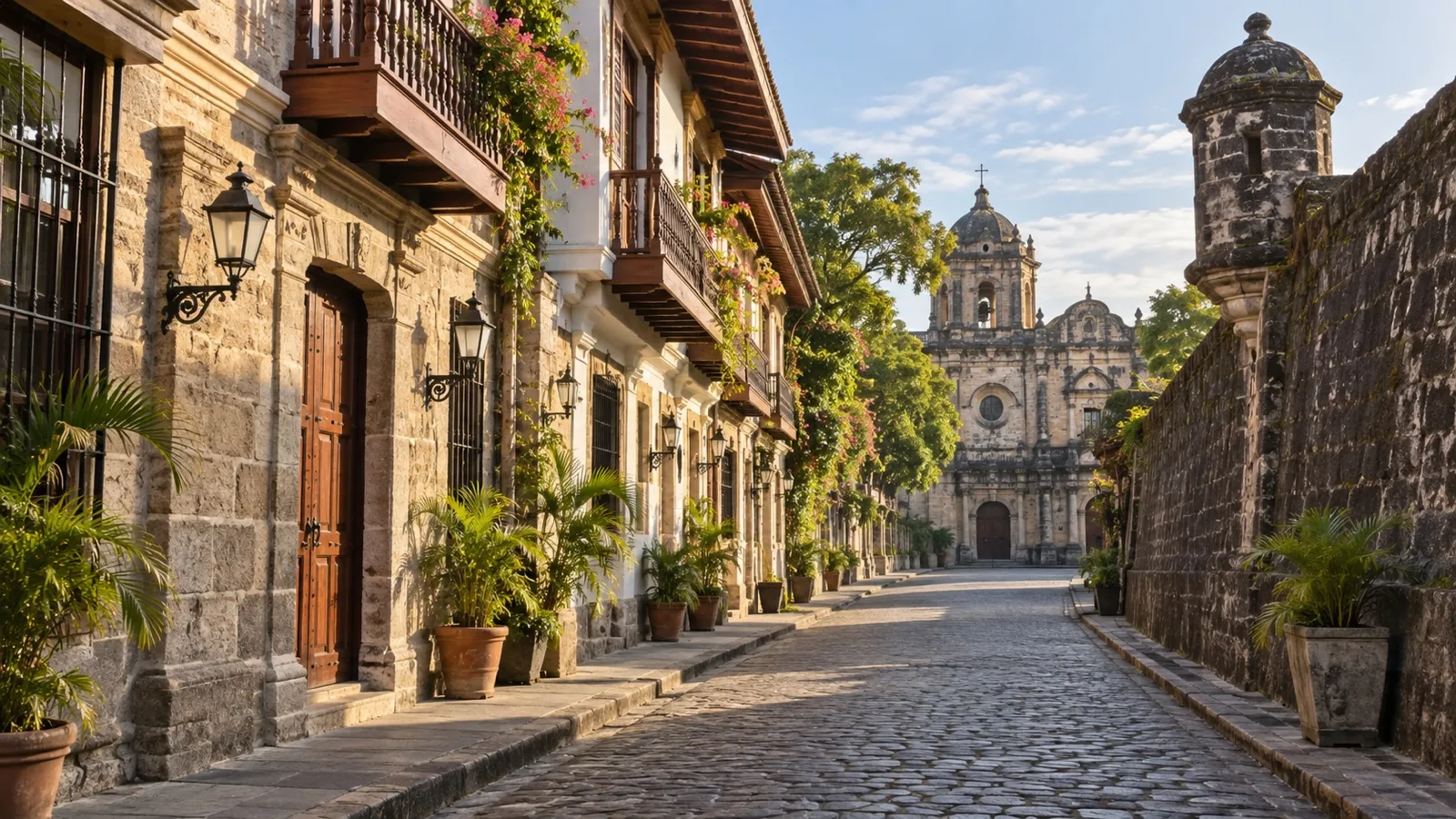Intramuros historic district with Spanish colonial hotel facades, stone walls and quiet streets