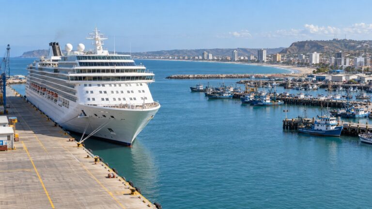 Cruise ship at Manta’s commercial harbor on Ecuador’s Pacific coast