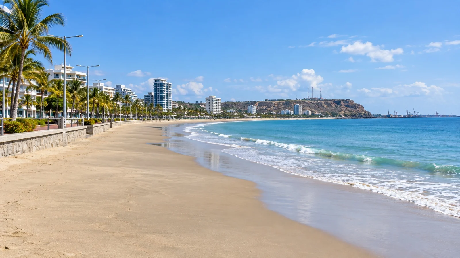 Empty El Murciélago Beach and waterfront promenade in Manta