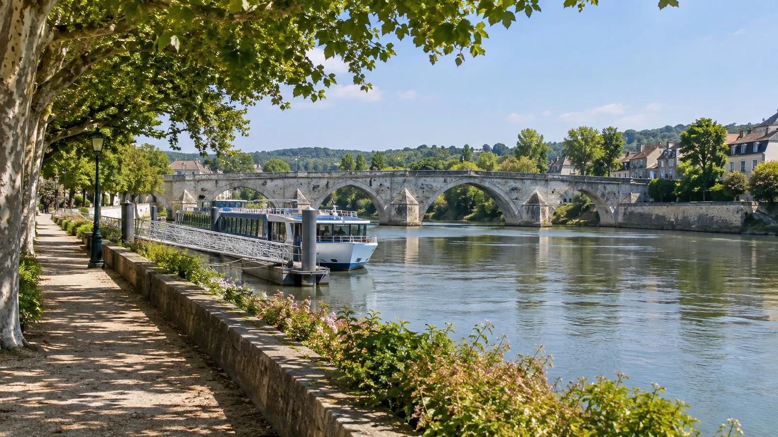 Leafy Seine promenade, stone bridge and river cruise landing at Mantes-la-Jolie