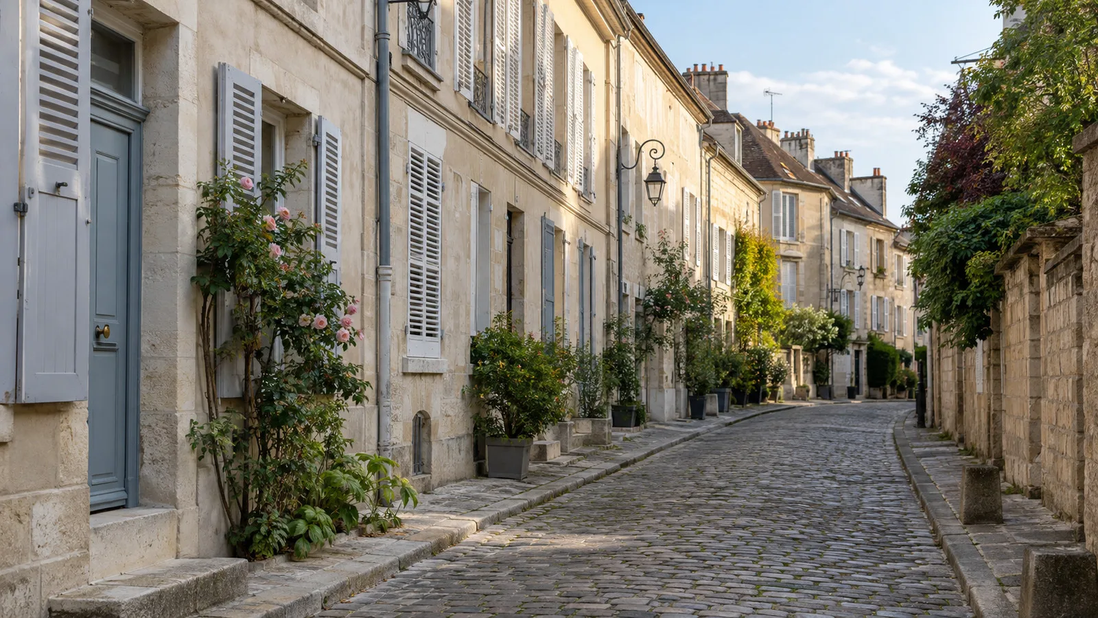 Quiet historic street with pale stone houses in Mantes-la-Jolie