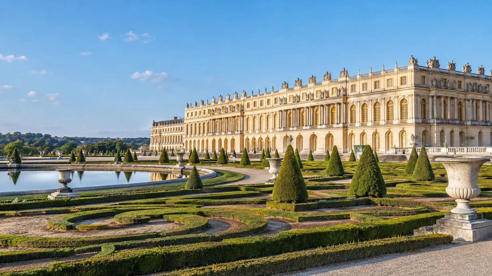 the exterior of the Palace of Versailles with its formal gardens, seen on a clear day without visitors