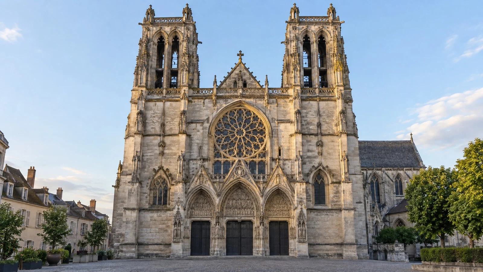Twin-towered west facade and rose window of Mantes-la-Jolie's collegiate church