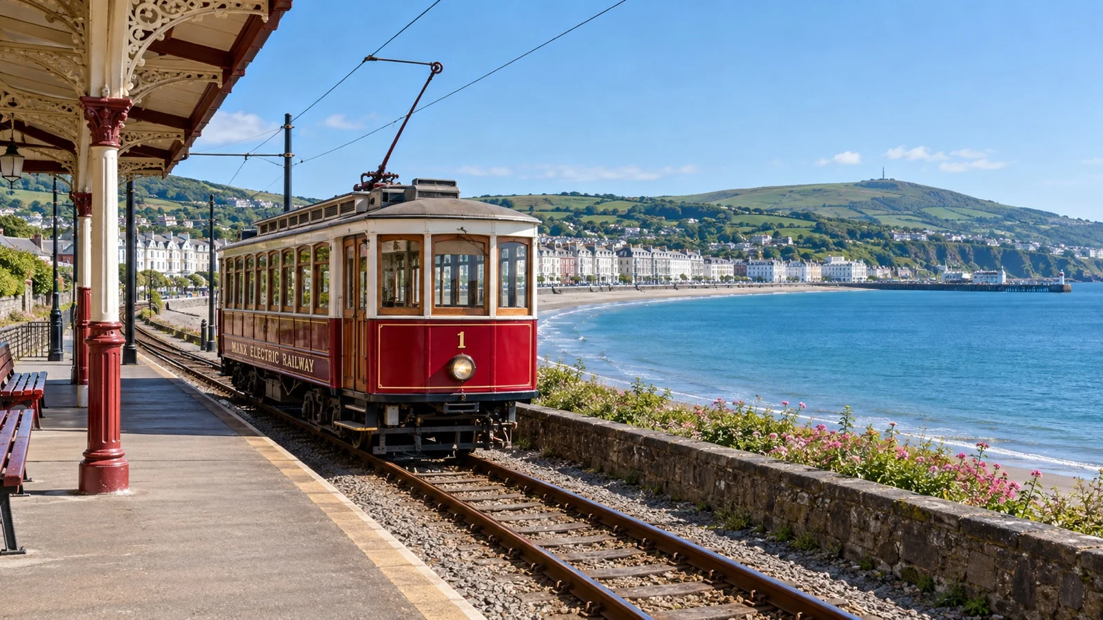Vintage Manx Electric Railway tram beside the coast