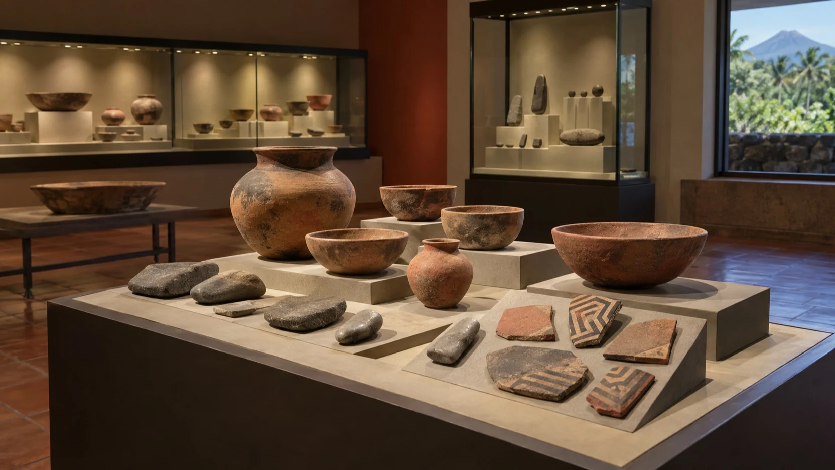 Ancient ceramic vessels and stone tools displayed in a Colima archaeology museum