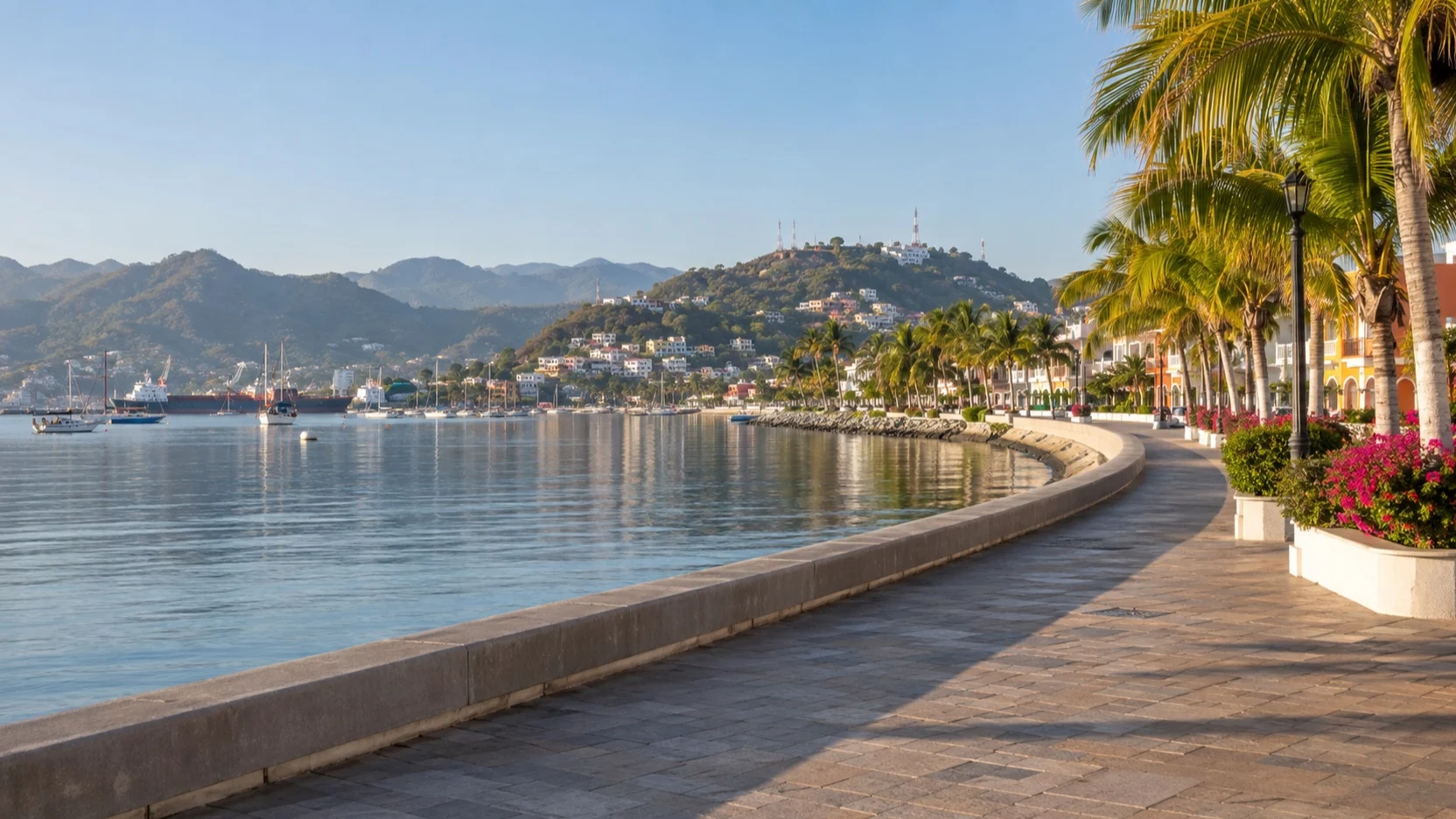 An empty palm-lined promenade beside Manzanillo Bay