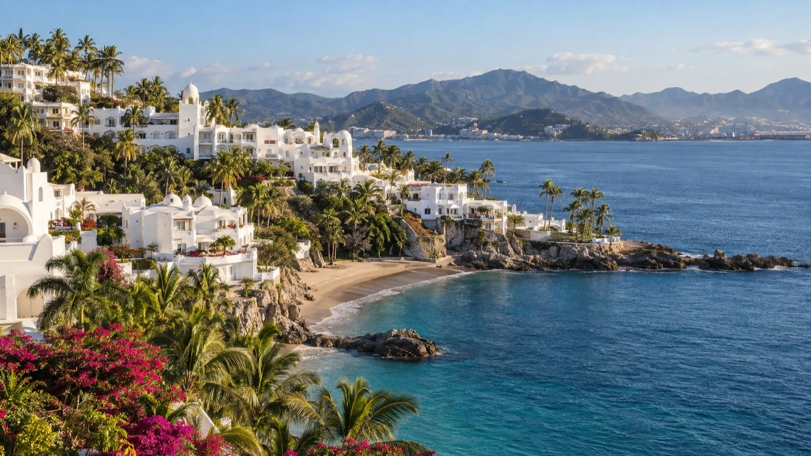 White resort buildings on the hillside above Las Hadas Bay near Manzanillo