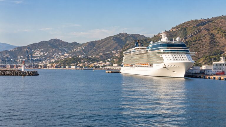 A cruise ship docked in Manzanillo's Pacific harbor beneath coastal hills